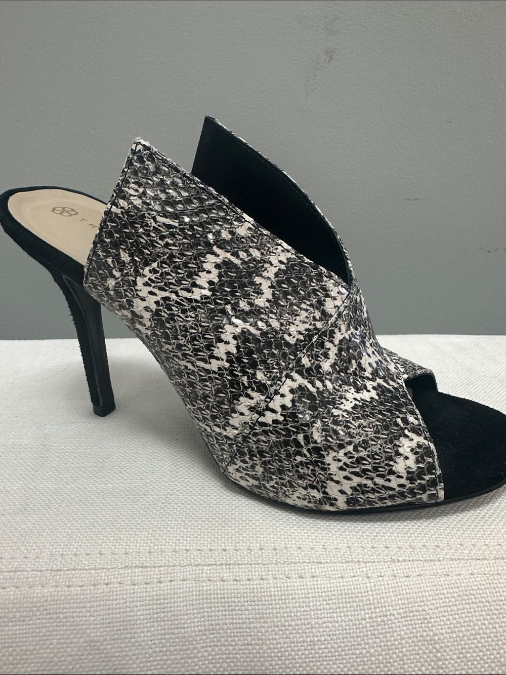 Trina Turk Black & White Snake-Print Open-Toe High Heel Mule